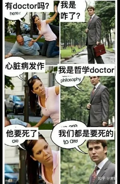 这是一组四格连环梗图，描绘了一个紧急场景下的荒诞乌龙事件：
1. 第一格：户外街道上，一名女士跪在疑似心脏病发作倒地的男士身旁，焦急呼救“有doctor吗？”，并配文英文“here!”；
2. 第二格：一名拎着公文包的西装男士闻声赶来，淡定询问“我是 咋了？”；
3. 第三格：女士着急说明情况“心脏病发作”，男士却表明自己是“哲学doctor”，还标注英文“philosophy”来强调身份；
4. 第四格：女士更急切地喊出“他要死了”，男士则一本正经地抛出哲学观点“我们都是要死的”。

这张图的核心笑点是英文“doctor”的双关含义：它既指能救治病人的医生，也指学术学位中的博士。女士需要的是能急救的医生，而来的却是哲学博士，用脱离场景的哲学终极回答制造出强烈的反差荒诞感，形成搞笑效果。