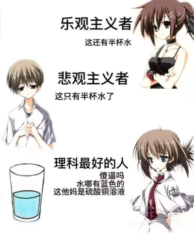 这张梗图通过三个二次元角色分别对应乐观主义者、悲观主义者和理科优等生，展现他们面对半杯蓝色液体时的截然不同的反应：
1. 乐观主义者：抱着积极心态感慨「这还有半杯水」；
2. 悲观主义者：带着消极情绪叹气「这只有半杯水了」；
3. 理科最好的人：直接打破常规视角，暴躁吐槽「傻逼吗 水哪有蓝色的 这他妈是硫酸铜溶液」。

图中用经典的心态对比梗结合理科生的专业视角制造强烈反差，用搞笑的方式突出理科生的严谨和关注点的独特性，没有双关或谐音梗，纯靠场景反差制造笑点。