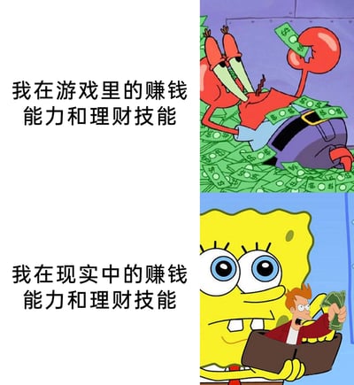 这是一张上下结构的对比梗图，上半部分展示了美国动画《海绵宝宝》中视财如命的蟹老板躺在堆积如山的钞票中，配文“我在游戏里的赚钱能力和理财技能”，用来表现很多人在游戏中可以轻松获取大量虚拟货币，仿佛拥有超强的赚钱理财能力；下半部分则是将《飞出个未来》中的角色弗莱合成到海绵宝宝的腹部，弗莱手中仅持有少量钞票，配文“我在现实中的赚钱能力和理财技能”，对应现实中大多数人赚钱艰难、积蓄微薄的状态。整张图通过虚拟与现实的强烈反差，调侃了当代年轻人在游戏里“暴富”、现实里“拮据”的普遍共鸣。