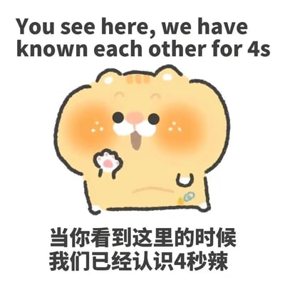 这是一张图文结合的静态表情素材图，画面核心是一只设计软萌的黄色卡通仓鼠，它有着圆鼓鼓的橘色脸颊，粉色的肉垫爪子抬起，做出打招呼的动作，表情看起来十分开心亲切。图片上方配有英文文字“You see here, we have known each other for 4s”，下方对应中文文字“当你看到这里的时候我们已经认识4秒辣”，通过这种巧妙的时间设定，以轻松趣味的方式和观看者建立互动感，整体风格可爱治愈，适合在社交聊天中用来活跃氛围，拉近和聊天对象的距离。