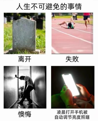 这是一张四宫格拼接的搞笑梗图，顶部有总标题“人生不可避免的事情”。左上格展示一块立在墓地中的墓碑，下方配文“离开”，对应人生终会离世的必然事件；右上格展示田径跑道上摔倒在地的运动员，下方配文“失败”，对应人生总会经历失败的必然；左下格展示一名男子情绪低落地靠在走廊墙面上扶着头，下方配文“懊悔”，对应人生总会产生懊悔情绪的必然；右下格展示昏暗环境中双手握着手机，手机屏幕亮度被自动调节到极高的状态，下方配文“凌晨打开手机被自动调节亮度照瞎”，对应所有手机用户都经历过的这件日常尴尬小事。图中将三件人生重大必然事件和这件日常小事并列，用强烈反差感制造幽默效果，调侃手机自动亮度调节功能在深夜使用时的糟糕体验。
