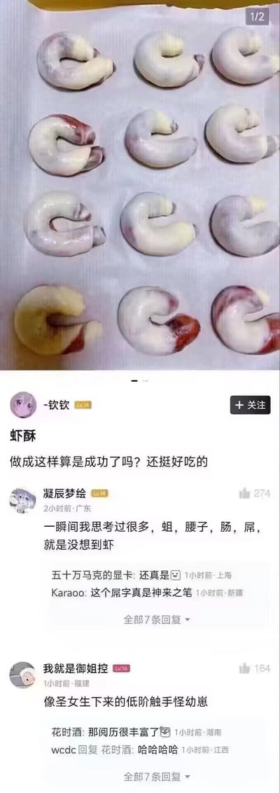 这是一张图文混排的社交媒体截图，上方是九宫格排列的自制虾酥，这些虾酥的外形完全不像虾，反而酷似蛆、腰子、肠等奇怪食材；下方是楼主“-钦钦”的提问：“做成这样算是成功了吗？还挺好吃的”，以及网友的搞笑评论，有网友表示第一反应联想到了蛆、腰子、肠，完全没认出是虾，还有网友调侃其像触手怪幼崽，整体是因美食外形翻车引发的趣味讨论，充满吐槽感。