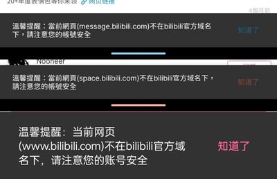 该梗图为多图拼接的屏幕截图，展示了三个B站安全警告弹窗。每个弹窗均显示“温馨提醒：当前网页(URL)不在bilibili官方域名下，请注意您的账号安全”，其中URL依次为message.bilibili.com、space.bilibili.com，甚至包括官方域名www.bilibili.com，右侧均配有“知道了”按钮。图片通过将官方域名也标记为非官方的荒诞场景，形成讽刺和搞笑效果，调侃可能存在的安全提示误判或钓鱼网站模仿问题。