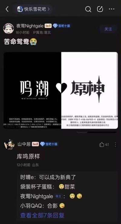 社交媒体截图展示百度贴吧“快乐雪花吧”用户“夜莺Nightgale”发布的帖子，标题为“苦命鸳鸯😢”。内容是一张左右拼接图：左侧黑色背景呈现《鸣潮》(WATHERING WAVES) logo，右侧白色背景展示《原神》logo，中间以爱心符号连接。下方有用户“山中居”评论“库鸣原样”及41个点赞，整体通过游戏logo组合与标题玩梗，调侃两款游戏的关联。