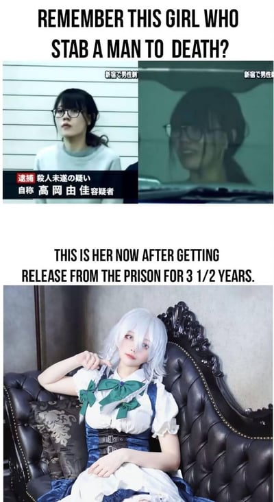 图片分为上下两部分，上半部分是两张新闻照片，显示一名戴眼镜的女性，配文'还记得那个刺死男人的女孩吗？'。下半部分是该女性出狱3年半后的照片，她留着白色长发，穿着动漫风格服装，坐在华丽的椅子上。图片通过前后对比展示了人物的变化。