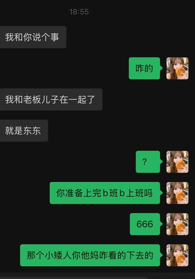 这是一张聊天记录截图，展示了两人的对话。一方告知对方自己和老板的儿子东东在一起了，另一方则用调侃的语气回应“你准备上完b班b上班吗”，随后发出“666”并吐槽“那个小矮人你他妈咋看的下去的”。对话充满口语化表达，带有幽默和讽刺意味，可能用于同事间的玩笑或朋友圈调侃。