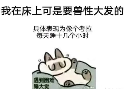 这是一张图文混排的静态搞笑梗图，顶部以醒目的文字“我在床上可是要兽性大发的”制造出充满力量感的预期，紧接着下方文字反转解释“具体表现为像个考拉 每天睡十几个小时”，形成强烈的反差幽默。图片下方是一只眯着眼睛、四肢摊开惬意躺着的卡通猫咪，旁边配文“遇到困难睡大觉”，整体用夸张的反差感，将带有冲击力的“兽性大发”曲解为长时间睡觉的躺平状态，调侃了当代人想要逃避压力、渴望躺平休息的心态，风格轻松搞笑，适合作为表情包用于日常聊天，表达自己想休息、不想面对困难的情绪。