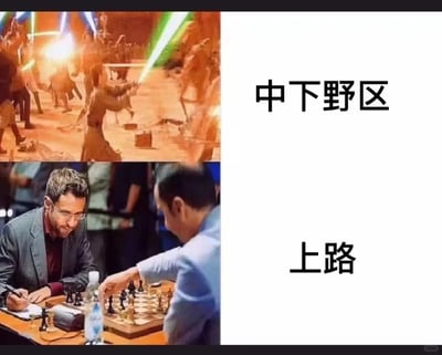 这是一张用于调侃MOBA类游戏对局生态的上下对比梗图。上方选用《星球大战》中光剑大规模混战的激烈场景，搭配文字“中下野区”，生动还原了MOBA游戏里中下野区域频繁爆发团战、战况混乱激烈的特点；下方选用两人对弈国际象棋的安静场景，搭配文字“上路”，表现出MOBA游戏里上路通常是两名玩家进行慢节奏策略博弈、与中下野区形成鲜明反差的对局状态，精准戳中MOBA玩家的游戏体验。