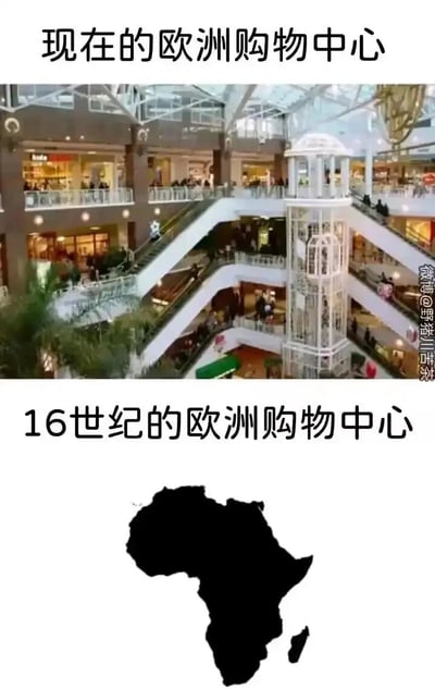 这是一张带有讽刺意味的上下对比梗图，上半部分展示了现代的欧洲购物中心：一座多层的室内商业综合体，配备自动扶梯、观光电梯，内部分布着各类商铺，还有不少顾客在其中活动，上方配文“现在的欧洲购物中心”；下半部分是黑色的非洲大陆轮廓图，配文“16世纪的欧洲购物中心”。该图通过这种反差对比，讽刺16世纪的欧洲殖民者将非洲当作可以肆意掠夺资源、人口的“购物中心”，揭露欧洲近代殖民历史的血腥本质，用梗图的形式调侃沉重的历史事实。