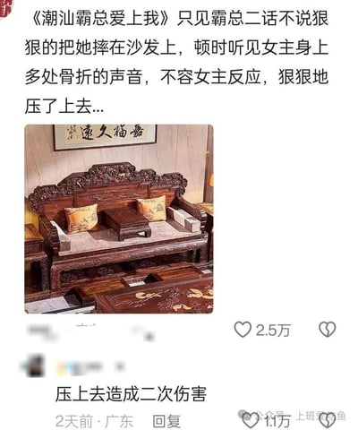 图片上方是网络小说《潮汕霸总爱上我》的狗血剧情片段，描述霸总将女主摔在沙发上导致骨折后继续压上去的场景。下方配图是一张雕工精美的红木传统沙发（罗汉床），因其坚硬材质与剧情中“压上去造成二次伤害”形成幽默反差，调侃霸总文学中不切实际的浪漫场景在现实坚硬家具面前的滑稽后果。