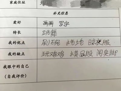一张小学生的自我评估表格，包含家庭住址（部分已模糊处理）、爱好、特长、优点和缺点等栏目。表格中最引人注目的是在"我的缺点"一栏中，孩子非常诚实地填写了"玩鸡鸡 摸屁股 闻臭脚"，展现了儿童天真无邪的视角和不加掩饰的自我认知。