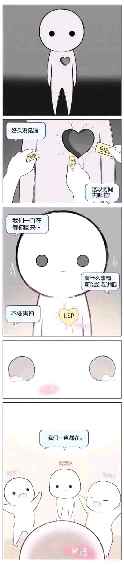 这是一则治愈系竖屏条漫，第一格展示了一个胸口有着黑色破碎心的孤单小人，看起来低落又落寞；第二格中，几只代表好友的手拿着写有“色图”“网抑云”的卡片贴在小人的黑心上，同时好友们关切地询问他的去向；第三格是小人的特写，好友们接连说着暖心的话语：“我们一直在等你回来～”“有什么事情可以给我讲哦”“不要害怕”，此时小人胸口的黑心得以修复，变成了写有网络流行词“LSP”的黄色心；第四格中，小人的眼眶泛起泪光，显然被触动；第五格中，几个好友小人围在他身边，说着“我们一直都在”，画面氛围变得温暖明亮，小人的心也重新鲜活起来。漫画用“色图”“LSP”等网络流行元素，以贴近年轻人的方式，表现了好友用对方喜欢的方式去温暖、治愈失落的同伴的暖心主题，传递了陪伴与关心的力量。