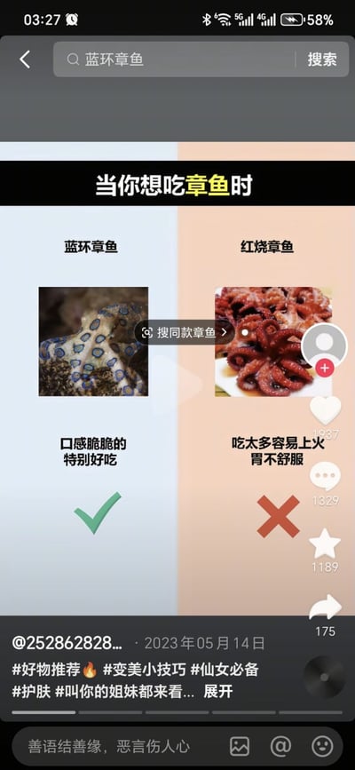 社交媒体截图展示了一个左右对比图，标题为“当你想吃章鱼时”。左侧是蓝环章鱼图片，配文“口感脆脆的 特别好吃”并带有绿色对勾；右侧是红烧章鱼图片，配文“吃太多容易上火 胃不舒服”并带有红色叉号。图片下方有用户@252862828...于2023年05月14日发布的信息，包含#好物推荐 #变美小技巧 等 hashtags，以及点赞(1937)、评论(1329)、收藏(1189)、分享(175)等互动数据。