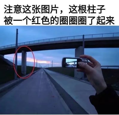 这张图是一则典型的网络恶搞梗，“注意这张图片，这根柱子被一个红色的圈圈圈了起来”。台词本身没有实质性信息，仅仅是在强调图中用红圈标出的立柱。这类文字经常出现在网络分析类、梗图类图片中，用来调侃某些无意义或者过度解读的现象。图片下方有人用手机拍摄公路和立交桥的场景，左侧一根桥墩被P上了一个红色的圈。整体上属于对网络“圈重点”行为的讽刺。

没有双关和谐音梗，但有网络恶搞暗示——即红圈本身其实什么都没指出。