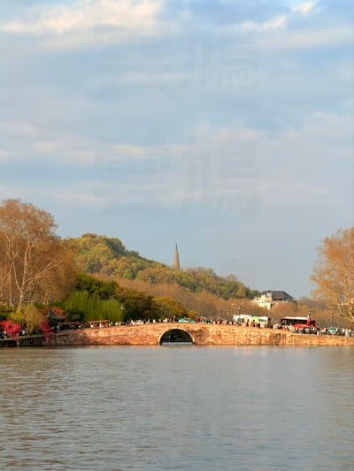 这是一张实拍的杭州西湖风景照片，前景是开阔平静的西湖水面，中景是横跨湖区的断桥，桥面上挤满了前来游览的游客，断桥两侧的岸边分布着不同状态的林木，有还没完全抽叶的乔木、翠绿的柳树以及开着红花的观赏植物，岸边还有少量古建与现代建筑，远景是植被覆盖的宝石山，山顶矗立着标志性的保俶塔，天空分布着轻薄的云层，整体呈现出西湖春日的游览场景，直观体现出景区客流量较大的状态。