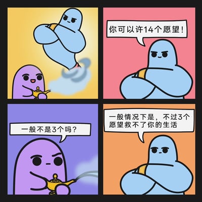 这是一幅四格原创卡通漫画，改编自《阿拉丁神灯》的经典设定。第一格中，紫色角色擦动神灯，蓝色神灯精灵从灯中现身；第二格，抱臂的神灯精灵宣布可以让紫色角色许下14个愿望；第三格，紫色角色露出疑惑的神情，询问神灯许愿一般不是3个吗；第四格，神灯精灵表情严肃地回应，一般情况确实是3个，但3个愿望救不了对方的生活。漫画用幽默调侃的方式，戳中当代人生活困境繁多，仅靠少量改变无法解决问题的共鸣点。
