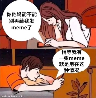 这是一张上下分栏的剧场式卡通连环图，呈现了一对男女的趣味互动场景：上图里长发女性趴在床上，看着手机露出不耐烦的神情，对着手机那头的人抱怨“你他妈能不能别再给我发meme了”；下图中男性躺在床上，专注操作手机，回应道“稍等我有一张meme就是用在这种情况”。该内容精准抓住了网络上热衷分享meme人群的典型行为——遇到任何场景都想用对应meme回应，用贴合日常的反差感制造出强烈的搞笑效果，调侃了沉迷meme分享人群的日常状态。