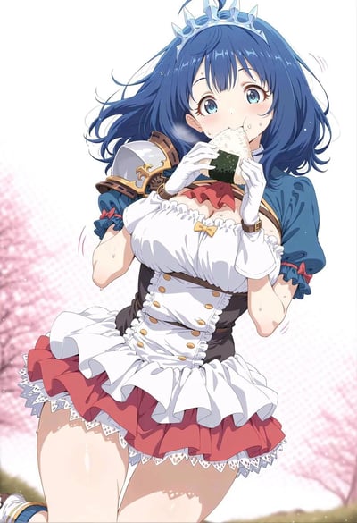 这是一张AI生成的二次元风格插画，画面中的蓝发少女戴着精致的小皇冠，身着融合了女仆蕾丝设计与骑士肩甲的独特服饰，正双手捧着海苔饭团大口啃食。少女脸上带着慌张又害羞的神情，脸颊和身上挂着汗珠，身体还有晃动的动态效果，仿佛是在匆忙中偷偷进食。背景是模糊的粉色花树，整体画风软萌细腻，精致装扮与狼吞虎咽的动作形成了有趣的反差感。