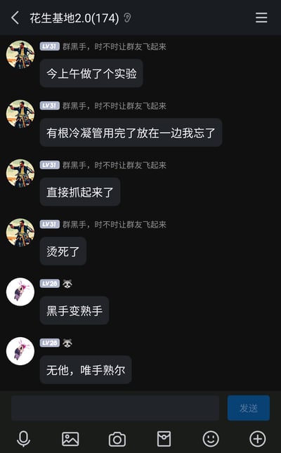 这是一张QQ群“花生基地2.0”的聊天记录截图，群成员“群黑手，时不时让群友飞起来”分享了自己在实验室的小意外：上午做完实验后，疏忽了刚使用过的冷凝管还处于高温状态，直接用手抓取导致被烫伤，随后另一位LV28的群成员借此玩起谐音梗，将其昵称里的“黑手”调侃为“熟手”，还化用《卖油翁》中的名句“无他，唯手熟尔”来打趣，对话充满生活化的趣味，展现了群友间轻松搞笑的互动氛围，是实验室日常里的搞笑小插曲。