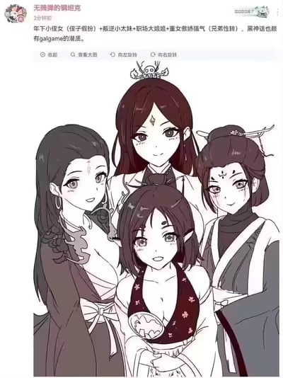 社交媒体帖子中的插画，展示了四个穿着中国传统服饰的动漫风格女性角色。前排居中是年下小侄女，后排居中是叛逆小太妹，左侧是职场大姐，右侧是重女傲娇气。每个角色都有独特的发型和服饰细节，表情各异，展现出不同的性格特点。