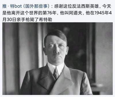 这是一张图文混排的玩梗图，上方是模仿推特bot发布的文字内容：「推·特bot（国外那些事）：感谢这位反法西斯英雄，今天是他离开这个世界的第76年，他叫阿道夫，他在1945年4月30日亲手枪毙了希特勒」，下方搭配阿道夫·希特勒的黑白历史照片。
图中运用了反讽的文字游戏：阿道夫就是希特勒本人，他在1945年4月30日是自杀身亡，用「感谢英雄亲手枪毙自己」的荒诞表述制造搞笑戏谑的效果。