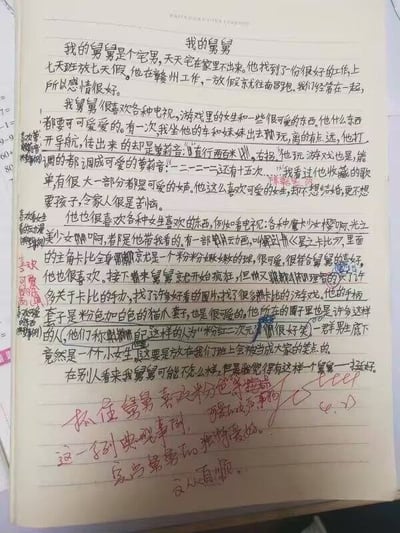 这是一张实拍的小学生手写作文照片，作文题目为《我的舅舅》，内容生动描述了作者的舅舅是一名喜好可爱风格的二次元宅男：舅舅的工作是上七天班休七天假，在赣州工作放假就返回南昌，他会把导航、游戏语音都调成萝莉音，喜爱《魔卡少女樱》《光之美少女》《星之卡比》这类软萌的二次元作品，收藏星之卡比的手办、周边，手柄使用粉白配色的猫爪保护套，所属的爱好者圈层叫“粉红二次元”，舅舅不想结婚生子的选择让家人苦恼，但作者本人很认可自己的舅舅。作文页面还有黑色的手写旁批标注内容结构，底部有老师用红笔写下的批改评语，肯定了作文用典型事例突出人物特点、内容通顺的优点。