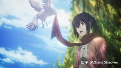 这是动画《进击的巨人》最终季的经典场景，画面中三笠·阿克曼扎着低马尾，脸上挂着泪痕，神情满是悲伤与错愕，她标志性的酒红色围巾被一只飞鸟叼起，朝着蓝天白云的方向飞去，背景是覆盖着绿植的崖壁，整个场景传递出故事落幕时怅然若失的沉重氛围，对应着原作结尾的核心情节。