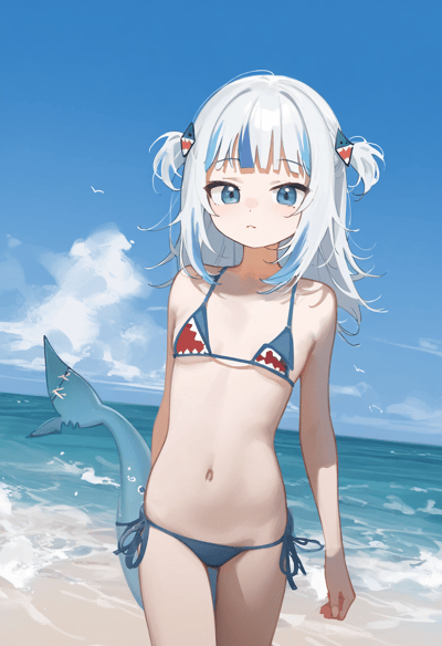 画面呈现的是hololive English旗下的人气虚拟主播噶呜·古拉，她有着银白底色搭配蓝挑染的双马尾发型，发间别着鲨鱼造型的可爱发饰，身穿带有鲨鱼嘴图案的深蓝色比基尼，身后还生长着一条鲨鱼尾，正站在海边的浅滩区域，背景是澄澈的蓝天与碧蓝的大海，整体画风清新柔和，充满了夏日海滨的治愈氛围。