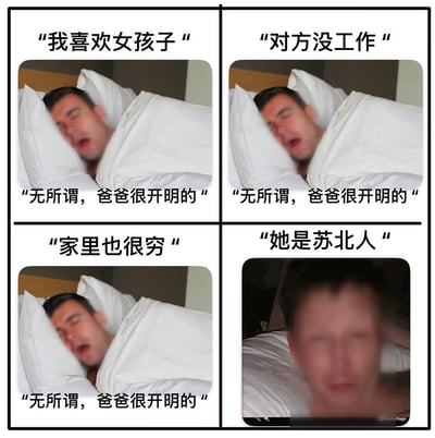 这是一张四格拼接的网络梗图，前三格采用同一张男子躺在床上熟睡的素材，上方依次配文“我喜欢女孩子”“对方没工作”“家里也很穷”，下方统一配文“无所谓，爸爸很开明的”，塑造出对孩子伴侣条件毫不在意的开明父亲形象；第四格上方配文“她是苏北人”，画面变为男子突然惊醒、画面模糊的状态，和前三格的淡定形成强烈反差，讽刺了部分江苏地区存在的针对苏北的地域偏见现象，用夸张的戏剧效果展现了地域歧视的不合理性。