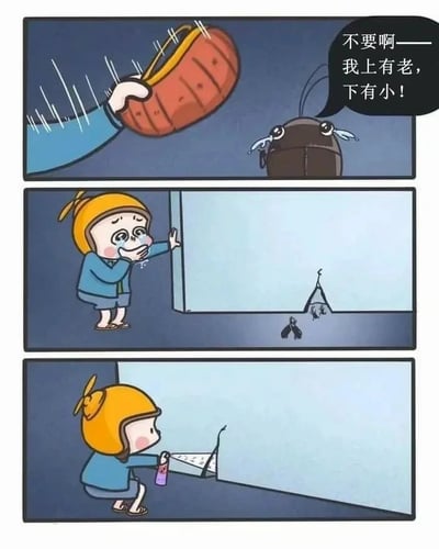 这是一幅三格连环漫画：第一格中，一只手拿着拖鞋正要拍打蟑螂，蟑螂流着泪哭喊着求饶，说自己“上有老，下有小”；第二格中，戴着黄色头盔的小孩蹲在墙缝前，看着里面的蟑螂一家，露出同情的神情并哭了出来；第三格中，小孩却拿着喷雾对着墙缝里的蟑螂巢穴喷药，形成了极具反差的反转效果，用看似同情实则赶尽杀绝的行为制造荒诞的搞笑感。