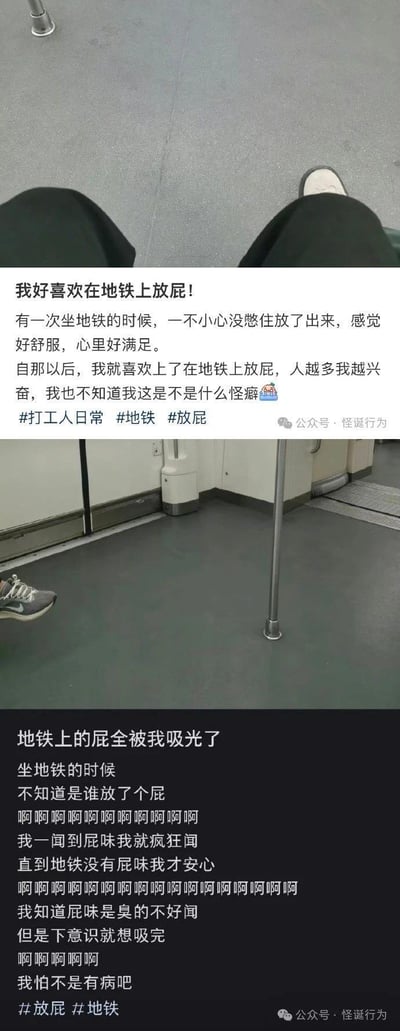 这是由上下两部分组成的图文内容，均围绕地铁里和放屁相关的荒诞经历展开：上半部分是一位打工人分享自己偶然在地铁放屁后，逐渐喜欢上在人多的地铁里放屁的奇怪喜好，还疑惑自己是否有怪癖；下半部分是另一位乘客的经历，在地铁里闻到屁味后，下意识地一直吸直到味道消散，为此怀疑自己“有病”。内容用地铁场景的实拍图搭配文字叙述，充满搞笑反差感，展现打工人的另类日常。