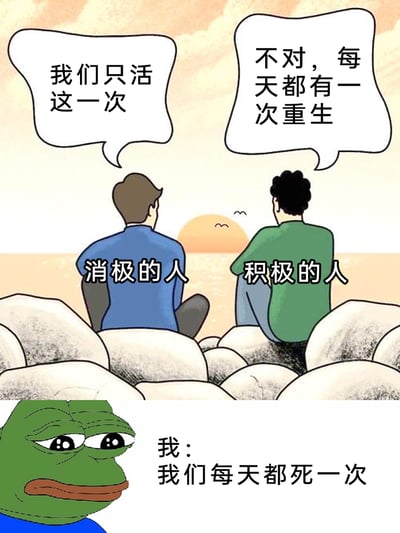 这张图是上下拼接的静态卡通梗图，上半部分呈现了两个卡通人物坐在海边石头上看日落的场景：左侧标注为“消极的人”的蓝色衣服角色说“我们只活这一次”，右侧标注为“积极的人”的绿色衣服角色回应“不对，每天都有一次重生”，展现了消极与积极两种对立的人生态度；下半部分是知名网络表情包悲伤蛙Pepe，配文“我：我们每天都死一次”，以更丧的态度和前两者形成强烈反差，用幽默的方式戳中当代人疲惫、沮丧的情绪，引发共鸣。