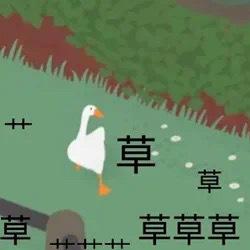 画面中是一只卡通风格的白色大鹅，正站立在绿色的草地上。背景有绿色的草丛和红褐色的地面边缘，地面上散落着多个“草”字，与场景中的草地形成呼应。整体风格简洁明快，充满轻松幽默的氛围。