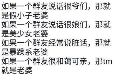 这是一张纯文字类玩梗图，通过递进式的分类调侃群友：先是为不同说话风格的群友赋予不同类型的“老婆”标签，分别是说话爷们的假小子老婆、说话娘的美少女老婆、说脏话的暴躁系老婆，最后画风突变，将和蔼可亲的群友直接称为“老婆”，用这种反差感制造搞笑效果，把对群友的喜爱以玩梗的方式表达出来，图中没有双关、谐音梗等内容。