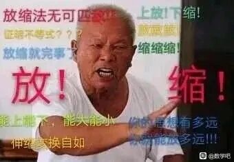 这是一张以真人照片为底图的P图改编搞笑梗图，底图中的老者表情激动，张大嘴巴，神态夸张，同时伸出一只手做出强调的动作。图中添加了大量围绕数学解题方法“放缩法”的趣味文字，包括“放缩法无可匹敌”“上放T下缩！”“放！缩！”“能上能下，能大能小 你的思想有多远 伸缩转换自如 我就能放多远！”等内容，用极具张力的调侃语气，将数学放缩法中“放”与“缩”的灵活特点夸张化，搭配老者激动的神态，营造出滑稽搞笑的效果，用来调侃数学学习中放缩法灵活却难以精准掌握的特点，图的右下角带有“@数学吧”的水印。