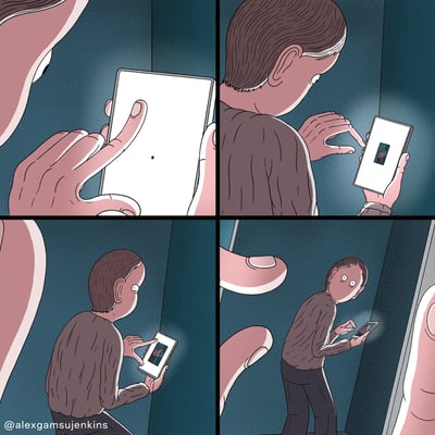 这是一幅四格连环卡通漫画，以视觉错位的套娃结构制造荒诞趣味：第一格展示一只手拿着手机，屏幕上仅有一个极小的黑点；第二格是背对着镜头的男子，正用手指放大屏幕上的黑点，此时黑点已放大成一个拿着手机的小人；第三格男子继续放大，屏幕里的小人清晰呈现为男子自身；第四格画面拉远，揭示出该男子正处于一个更大的手机屏幕中，被一双更大的手操控着，男子此时满脸震惊地注视着自己的手机。漫画通过这种无限循环的套娃设定，隐喻了现代人们被电子设备“框住”、沉迷于数字世界的状态，同时以细思极恐的视觉效果引发对人与电子设备关系的思考。