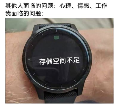 这张图采用对比反差的搞笑手法，先指出其他人的烦恼多是心理、情感、工作这类较为严肃的人生议题，随后展示“我”的烦恼却是智能手表提示“存储空间不足”这种日常小问题，通过这种错位的反差感制造笑点，调侃自己的日常困扰和他人不在同一维度，贴近智能设备用户的生活体验，容易引发共鸣。