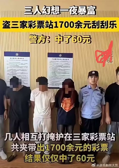 这是一张加注了文字说明的社会新闻实拍图，背景为派出所的竖条纹墙面，墙上贴有官方公示文件，画面中共有6人，其中3名盗窃嫌疑人面部被打码、双手背在身后靠墙站立，旁边站有一位身着警服的民警和另外2名相关人员。图的上下方配有文字说明事件经过：三人为了实现一夜暴富的想法，互相打掩护先后在三家彩票站偷窃了总价值1700余元的刮刮乐彩票，最终刮完所有彩票仅中了60元，之后被警方抓获。