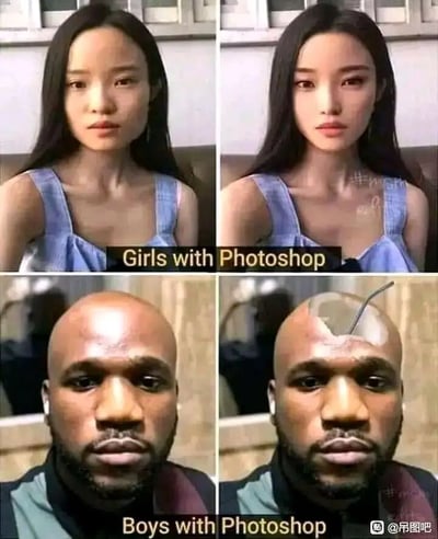 这是一张由四格图片拼接而成的对比梗图，分为上下两组呈现男女使用Photoshop的不同倾向：上半部分是女生使用PS的效果，左图是一位穿着蓝色吊带的女生的原始样貌，神态平静端坐，右图是经过PS美化后的样子，五官变得更精致立体，肤色也更白皙细腻，配文“Girls with Photoshop”；下半部分是男生使用PS的效果，左图是一位光头黑人男性的原始样貌，神态严肃端坐，右图是被PS恶搞后的样子，头顶被修改成像是开了一个洞，还插着一根吸管，配文“Boys with Photoshop”。整图通过这种强烈的反差感，调侃女生使用修图软件多偏向美化自身外貌，而男生则更倾向于用修图软件进行搞怪恶搞，制造出趣味十足的对比笑点。
