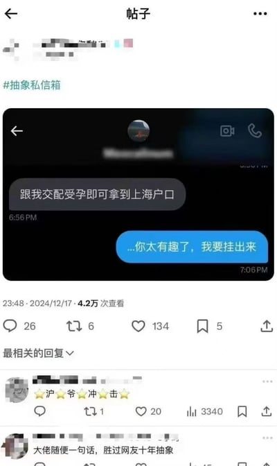 该图片为社交媒体平台的帖子截图，标题带有#抽象私信箱话题标签。内容核心是一段聊天记录截图，显示某用户收到陌生人私信称“跟我交配受孕即可拿到上海户口”，接收者回复“…你太有趣了，我要挂出来”。帖子发布于2024年12月17日23:48，累计获得4.2万次查看，下方有两条热门评论，分别为“⭐沪⭐爷⭐冲⭐击⭐”和“大佬随便一句话，胜过网友十年抽象”，整体呈现出对离谱网络私信的调侃与讽刺氛围。