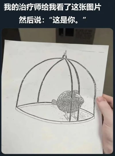 图片展示了一只手拿着一张画有鸟笼的纸，笼子里有一只小鸟，而鸟笼的门是敞开的。图片上方配有文字：'我的治疗师给我看了这张图片 然后说："这是你。"' 这张图通过隐喻的方式表达了人们有时即使拥有自由和机会，仍然选择停留在熟悉但可能限制自己的环境中。