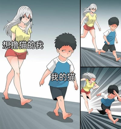 这是一组由三个画面组成的连环卡通漫画，以拟人化的方式展现撸猫日常的趣事。第一个画面中，标注“想撸猫的我”的银发女生一脸期待地跟在标注“我的猫”的小男孩身后；第二个画面里，小男孩（拟人化的猫）开始快速奔跑，女生立刻在后面追赶；第三个画面中，小男孩突然停下捂头，来不及刹住的女生结结实实地撞到了他身上。漫画将猫拟人化为抗拒被撸的小男孩，生动还原了现实中主人想撸猫却被猫的突然动作“坑到”的有趣场景，充满生活感与笑点。