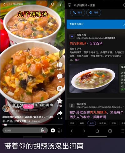这是一张左右拼接的争议性截图，左侧是抖音博主“乌哇啦啦”发布的推广视频，展示一款添加大量丸子的胡辣汤，配文称“为了走出河南”；右侧是搜索“丸子胡辣汤”的结果页面，呈现西安肉丸胡辣汤的百科介绍与相关新闻。画面底部配文“带着你的胡辣汤滚出河南”，直观体现了河南网友对这款试图“走出河南”的创新胡辣汤的不满，同时也牵扯出河南胡辣汤与西安肉丸胡辣汤的地域饮食文化差异，引发关于胡辣汤地域属性的讨论。