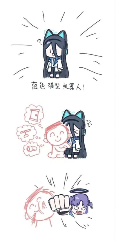 这是一张三格连环同人梗图，基于游戏《蔚蓝档案》的角色创作：
1. 第一格：有着猫耳造型的机器人角色天童爱丽丝一脸疑惑，被标注「蓝色猫型机器人！」；
2. 第二格：红笔画的路人角色凑上前触摸爱丽丝，脑中浮现柜门、墨镜、手电筒这类物品，爱丽丝则露出困惑的表情；
3. 第三格：路人被紫发角色优香愤怒地一拳揍脸，优香显然将路人当成了对爱丽丝动手动脚的变态。
图中没有双关或谐音梗，是利用角色设定制造的搞笑误会场景。