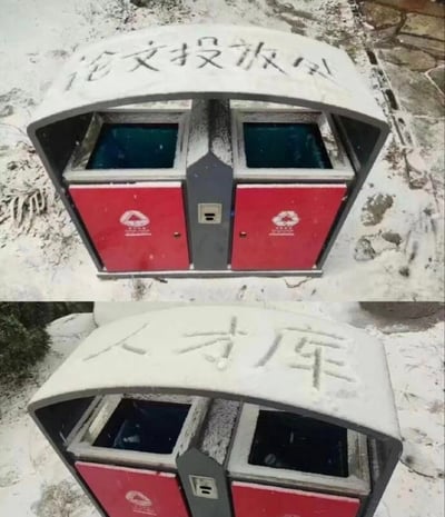 两张上下对比的雪景照片，主体为同一个红色双格垃圾桶。上方照片中，垃圾桶顶部积雪上写着“论文投放区”四个大字；下方照片中，同一位置的积雪上则写着“人才库”三个字。通过在公共设施积雪上添加幽默文字，形成对学术压力和人才竞争的调侃，展现了网友的创意玩梗能力。
