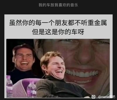 这是一张用来调侃个人在私人空间坚持喜好的meme梗图，上方配文点明场景：在自己的车里，即便朋友都不喜欢重金属音乐，车主依然坚持播放自己喜爱的音乐。下方用合成的汤姆·克鲁斯多张开怀大笑的面部图像，夸张地表现出车主此时不管他人眼光、只满足自己喜好的畅快、得意的心情，用极具感染力的大笑表情强化这种自我满足的情绪，让画面充满戏谑感。