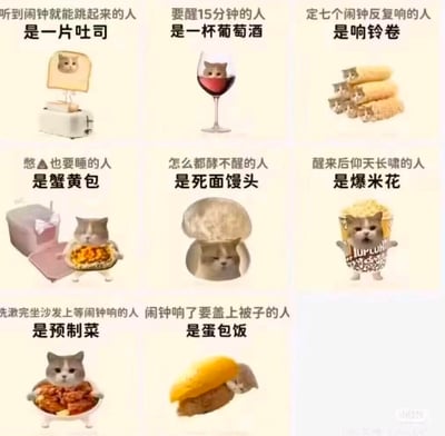 这是一张多图拼接的幽默梗图，通过8个 panel 展示不同起床习惯的人对应的食物比喻，每个食物中都融入了猫咪的脸。具体包括：听到闹钟就能跳起来的人是一片吐司（吐司机里的吐司上有猫脸）、要醒15分钟的人是一杯葡萄酒（酒杯里的红酒中有猫脸）、定七个闹钟反复响的人是响铃卷（多个响铃卷堆叠，每个卷里有猫脸）、憋也要睡的人是蟹黄包（猫咪抱着蟹黄包）、怎么都酵不醒的人是死面馒头（猫脸在馒头里）、醒来后仰天长啸的人是爆米花（爆米花桶里的爆米花中有猫脸）、先激完坐沙发上等闹钟响的人是预制菜（猫咪端着预制菜）、闹钟响了要盖上被子的人是蛋包饭（蛋包饭里露出猫脸）。整体风格轻松搞笑，用可爱的猫咪形象和贴切的食物特性引发共鸣。