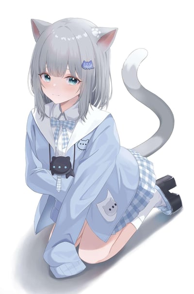这是一幅AI生成的二次元静态插画，画面主体是一位原创的银发猫耳少女：她有着银灰色齐肩短发，发间别着蓝色猫咪发夹，头顶立着灰粉色内侧的猫耳，身后垂着同色系的猫尾；澄澈的蓝绿色眼眸温柔地看向镜头，脸颊带着淡淡的红晕，嘴角噙着浅笑，气质软萌治愈。少女身着浅蓝开衫外套，外套上带有猫咪图案的口袋和胸标，内搭白色衬衫与蓝白格纹领结，下装是同格纹的百褶短裙，胸前还挂着黑色猫咪造型的挂饰，整体穿搭充满可爱的猫咪元素。她以跪坐的姿态呈现，双臂交叠放在身前，背景为纯白色，让角色成为视觉焦点，整体风格清新柔和。