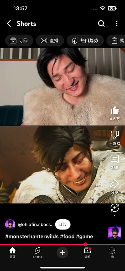 这是YouTube Shorts平台的短视频截图，画面采用上下分屏对比的形式：上方是一位身着毛绒领服饰的真人，闭着双眼，脸上露出开心的笑容；下方是卡普空新作《怪物猎人：荒野》中的游戏角色，有着和上方真人完全一致的眯眼笑神态，二者高度相似的表情呈现出趣味满满的模仿还原效果，让人忍俊不禁。