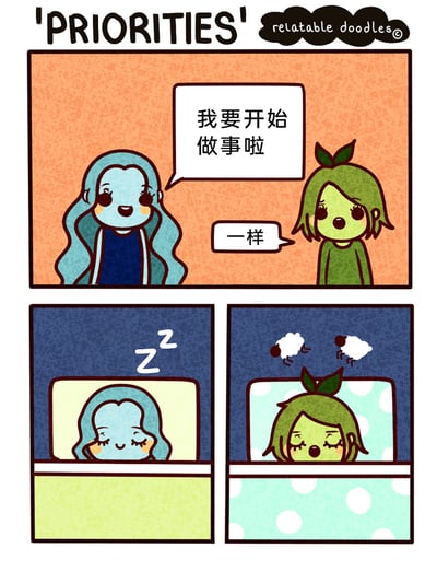 这是一组三格连环卡通漫画，第一格中，蓝发卡通角色开心地宣告“我要开始做事啦”，旁边头顶带叶子的绿发卡通角色附和道“一样”；第二格画面切换到夜晚，蓝发角色已经躺在床上熟睡，画面标注“zZ”的睡觉标识；第三格中，绿发角色躺在床上，正在数羊，显然是准备入睡。漫画通过前后的强烈反差，幽默地调侃了很多人嘴上说着要开始工作做事，结果转头就选择休息睡觉的拖延、缺乏行动力的状态，内容贴近日常，容易引发观者的共鸣。